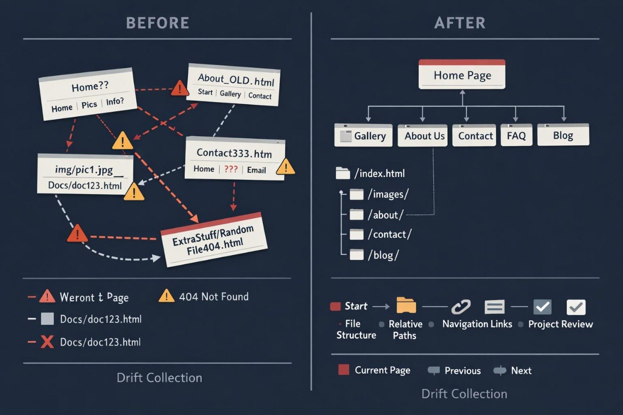 A comparison infographic titled 'Before' and 'After' for drift detection, showing a messy homepage layout on the left and a clean hierarchical site structure on the right, with icons and labels explaining navigation and page relationships.