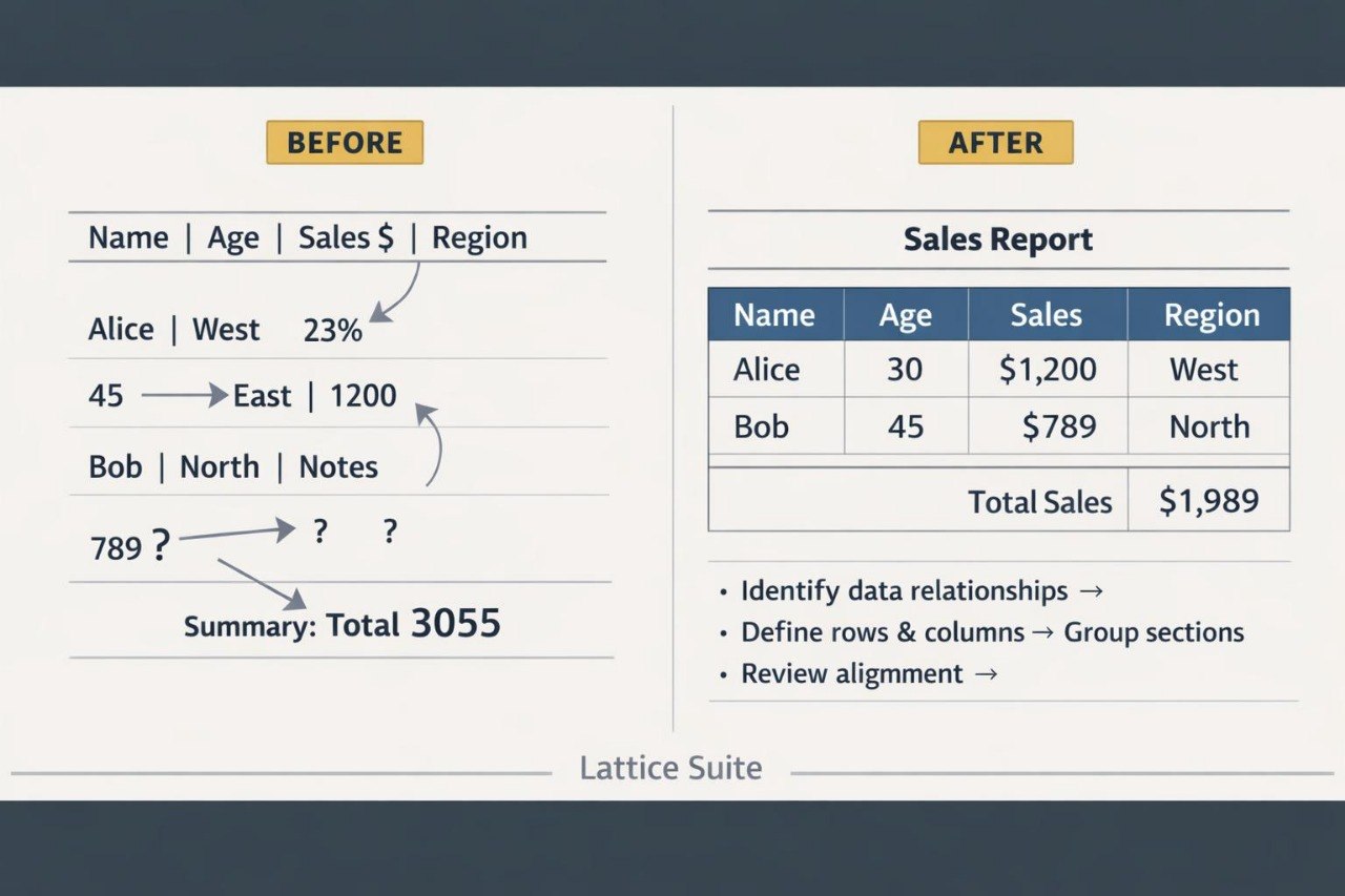 A digital graphic showing a before-and-after comparison of a spreadsheet layout, labeled 'Lattice Suite'. The left side, titled 'BEFORE', displays raw data columns for Name, Age, Sales $, and Region.