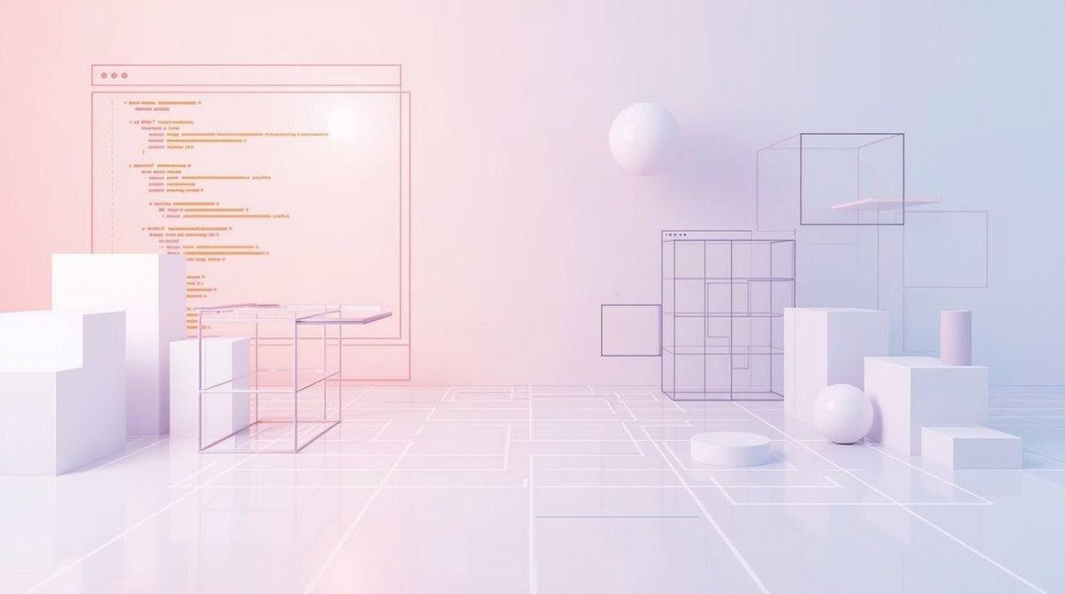 A minimalist digital rendering of a futuristic white and pastel pink room with geometric white blocks, wireframe cube structures, floating white spheres, and a glowing rectangular display on the left wall.