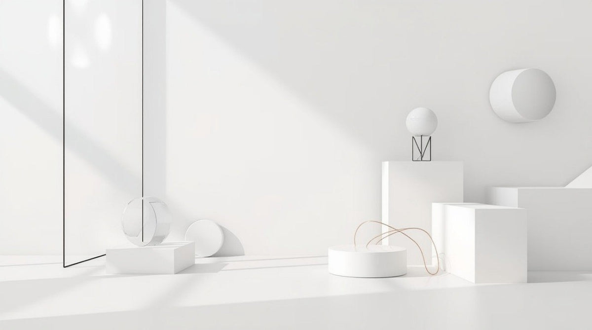 Minimalist white interior scene with geometric display pedestals, a thin vertical mirror, and a small black metal lamp on a white surface.