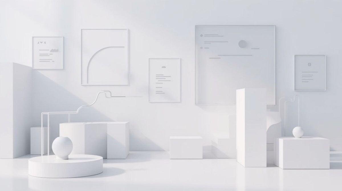 A minimalist white studio set with multiple white display pedestals, framed abstract wall art, and a few small spherical objects on a clean white background.