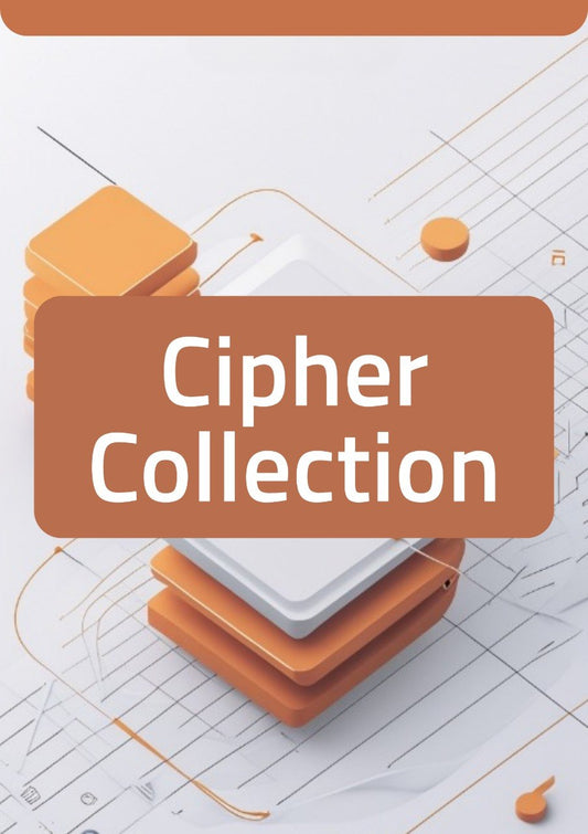 A digital graphic banner with the text 'Cipher Collection' in white sans-serif font inside a large rounded brown rectangle, overlaid on an abstract 3D illustration of stacked brown and white geometric blocks on a light gray technical-style background.
