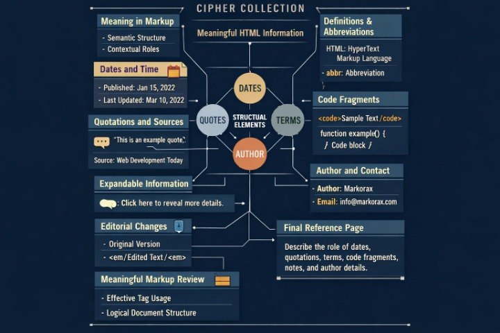 An infographic titled 'Cipher Collection' on a dark navy background, showing connected labeled boxes and callouts about HTML markup, dates, quotes, terms, author contact, and reference pages with white and light blue text blocks.