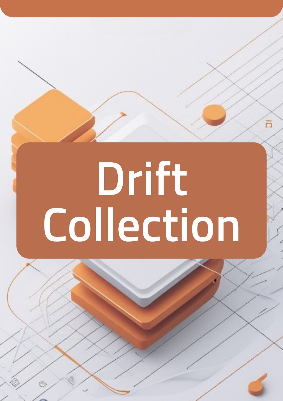 A digital graphic banner featuring the text 'Drift Collection' in white sans-serif font inside a rounded brown rectangle, overlaid on top of a stylized 3D isometric illustration of stacked orange and white cards on a light gray background with thin orange lines.