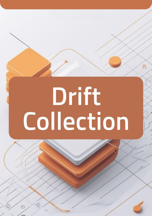 A digital graphic banner featuring the text 'Drift Collection' in white sans-serif font inside a rounded brown rectangle, overlaid on top of a stylized 3D isometric illustration of stacked orange and white cards on a light gray background with thin orange lines.