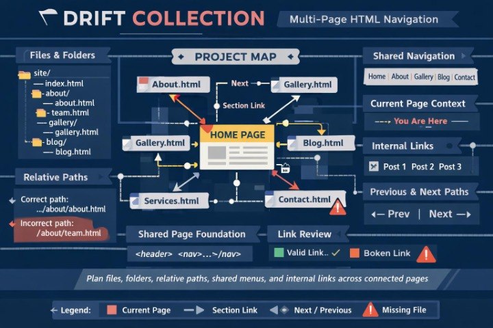 An educational infographic diagram titled 'DRIFT COLLECTION' explaining multi-page HTML navigation concepts, including project maps, shared navigation, relative paths, and link types, presented on a dark blue background.