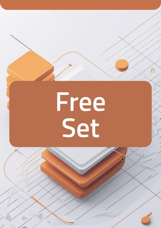 A promotional graphic with the words 'Free Set' in white text inside a large rounded brown rectangle, overlaid on an abstract 3D illustration of stacked orange and white geometric blocks on a light gray background with thin orange lines.