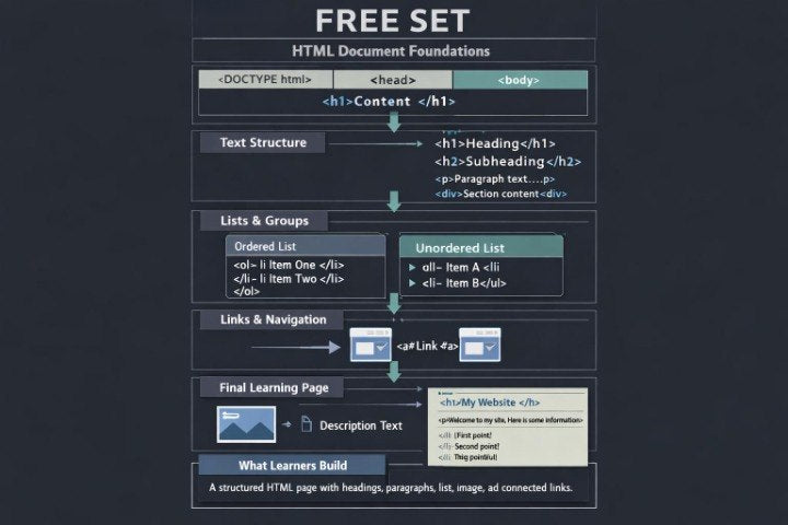 A dark-themed educational graphic titled 'FREE SET HTML5 DOCUMENT FOUNDATIONS' showing a flowchart of HTML document structure sections and elements with text labels and small example boxes.