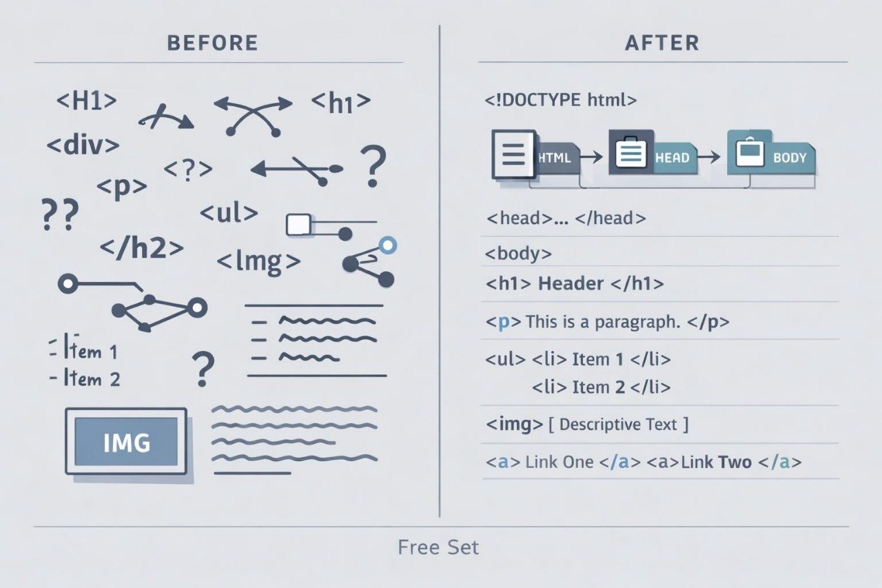 A digital graphic showing a comparison between 'Before' and 'After' states of HTML structure. The left side, labeled 'BEFORE', displays various HTML tags, symbols, and an 'IMG' label.