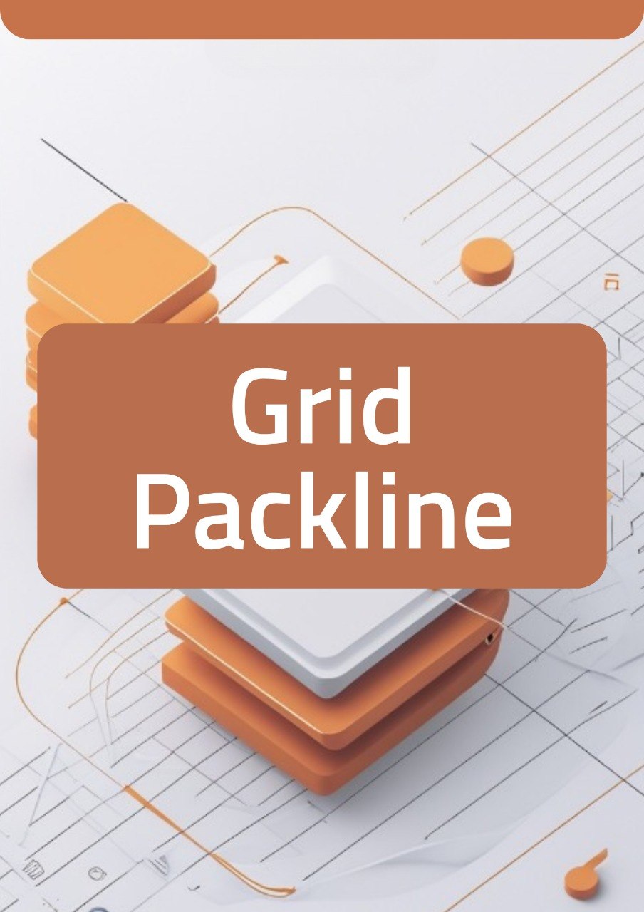 A digital graphic with the text 'Grid Packline' in white on a large rounded brown label, overlaid on an abstract isometric illustration of stacked geometric blocks in orange, white, and brown on a light gray background with fine line drawings.