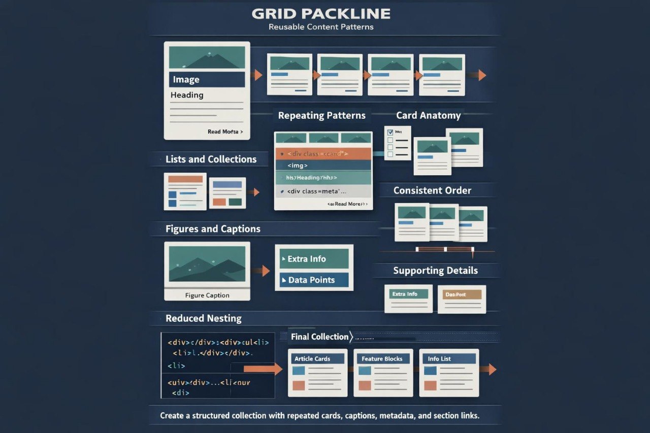 An infographic titled 'GRID PACKLINE' on a dark blue background, showing a step-by-step layout for reusable content patterns with UI mockups, arrows, and labeled sections such as image heading, repeating patterns, card anatomy, lists and collections, figures and captions, consistent order, supporting details, reduced nesting, final collection, article cards, feature works, and site list.