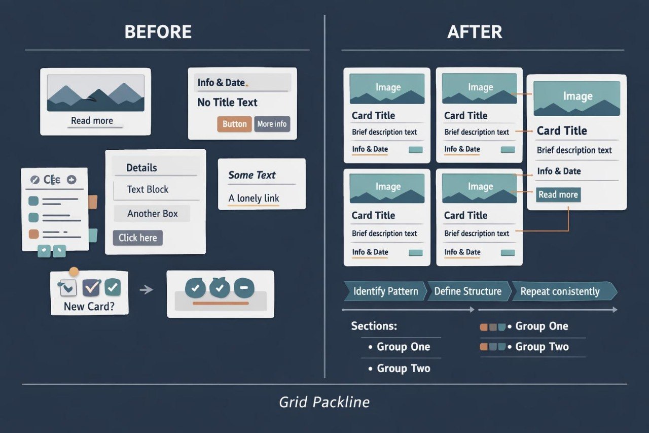 A digital graphic showing a 'Before' and 'After' comparison of a grid-based UI design template. The left 'Before' section displays a loose, unstructured collection of white cards and boxes with various UI elements on a dark slate blue background.