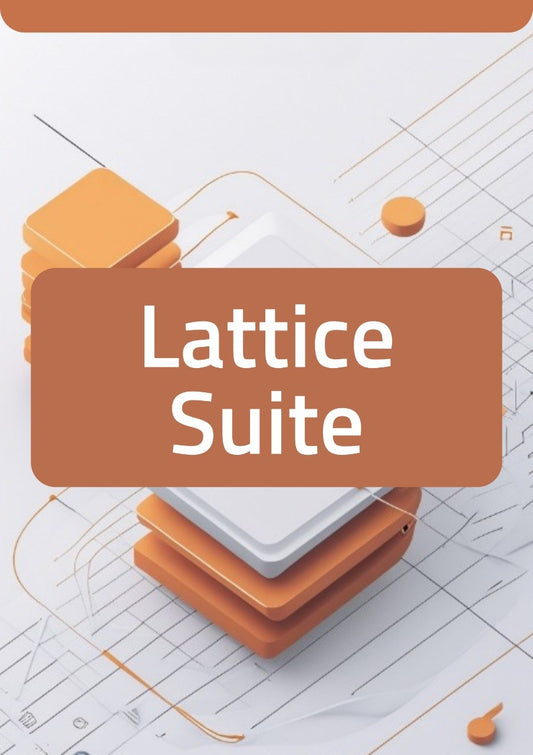 A digital graphic with the words 'Lattice Suite' in white text inside a large rounded brown rectangle, overlaid on an abstract 3D render of stacked orange and white geometric blocks on a light gray blueprint-style background.
