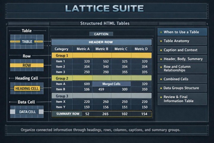 A digital screenshot of a dark-themed user interface panel titled 'LATTICE SUITE' showing an explanatory table tutorial with labeled columns for Table, Row, Heading Cell, and Data Cell, plus a central HTML table and side notes about using tables.