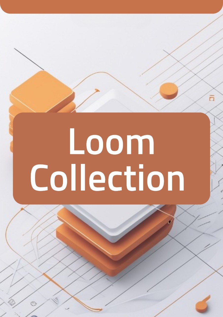 A digital graphic banner for the 'Loom Collection' featuring abstract 3D blocks in orange, white, and brown on a light gray background with technical line drawings.