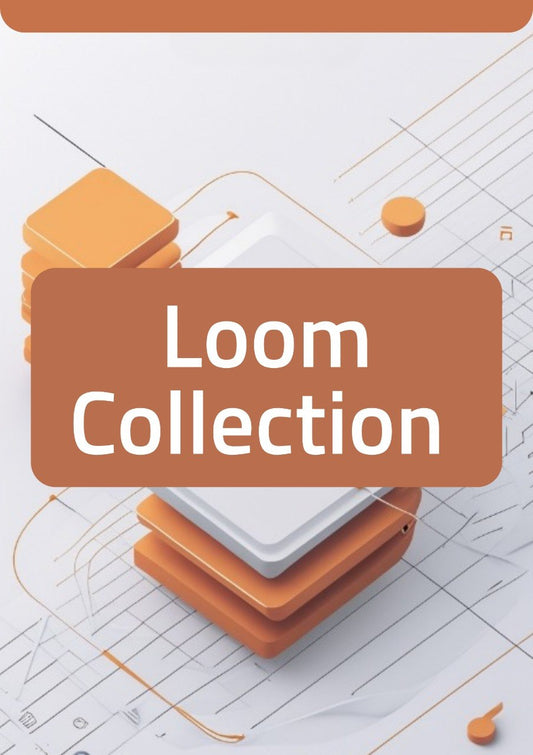 A digital graphic banner for the 'Loom Collection' featuring abstract 3D blocks in orange, white, and brown on a light gray background with technical line drawings.