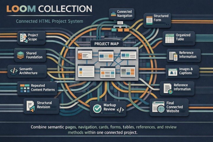 A digital infographic titled 'LOOM COLLECTION' showing a connected HTML project system diagram with labeled components such as project scope, shared foundation, semantic architecture, project map, structured form, organized table, reference information, images & captions, repeated content patterns, structural revision, markup review, and final connected website, all connected by curved orange and blue lines on a dark navy background.