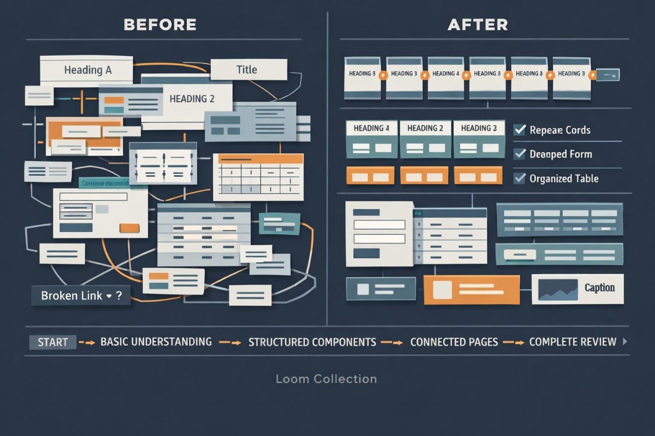An infographic comparison titled 'BEFORE' and 'AFTER' showing a website or document structure. The left side labeled 'BEFORE' shows a messy, tangled layout with headings, boxes, and a broken link on a dark blue background.