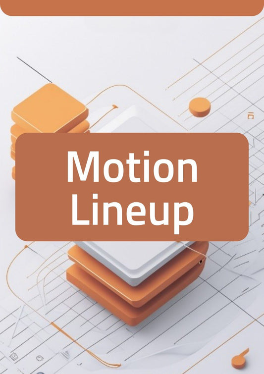 A digital graphic with the words 'Motion Lineup' in white text inside a large rounded orange-brown rectangle, overlaid on an abstract 3D isometric illustration of stacked orange and white blocks on a light gray technical-style background.
