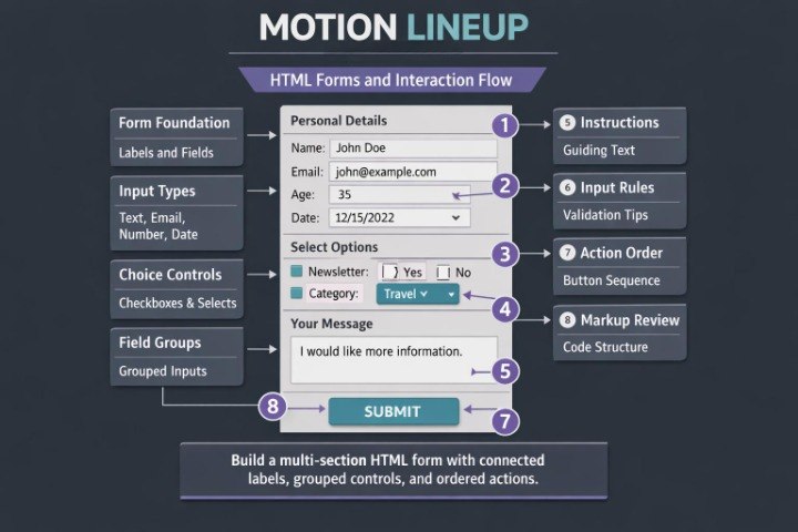 An infographic diagram titled 'MOTION LINEUP' explaining HTML forms and interaction flow, with labeled steps and boxes on a dark blue-gray background.