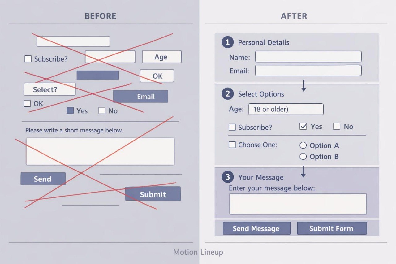 A before-and-after comparison diagram showing a redesigned subscription form. The left side, labeled BEFORE, shows a messy, crossed-out layout with red strike-through lines.