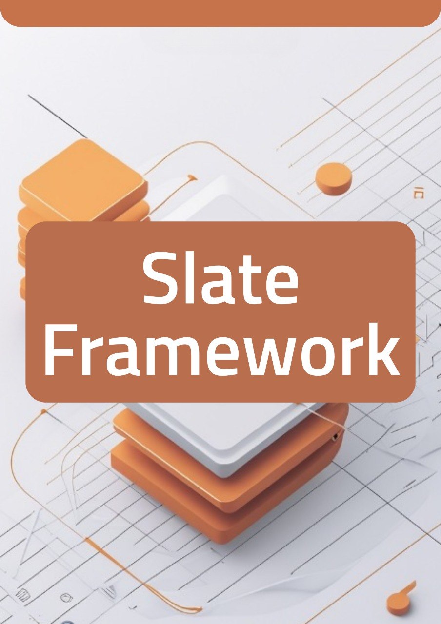 A digital graphic with the text 'Slate Framework' in white on a muted orange rounded rectangle, overlaid on an abstract isometric illustration of stacked orange and white blocks with thin orange line details on a light background.