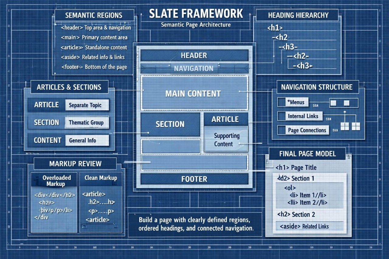 A blueprint-style technical diagram titled 'SLATE FRAMEWORK' showing labeled sections such as Semantic Regions, Heading Hierarchy, Articles & Sections, Navigation Structure, and Final Page Model on a blue grid background.