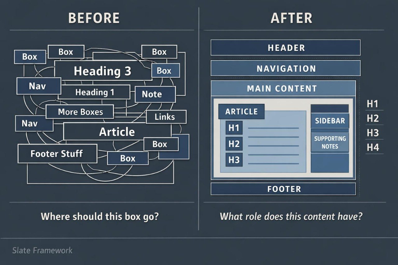 A dark slate-blue infographic comparing a messy wireframe layout labeled 'BEFORE' with a clean hierarchical layout labeled 'AFTER'. The left side shows multiple overlapping boxes with headings, nav links, and notes, while the right side shows a structured header, navigation, main content, sidebar, and footer.