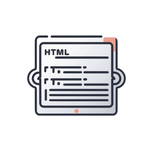 A minimalist vector icon of a document labeled 'HTML' with code lines, shown in black, gray, white, and a small peach accent on a light gray background.