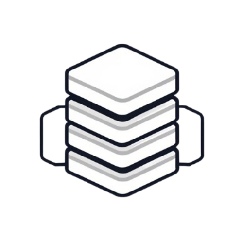 A minimalist vector icon depicting a stack of four square tiles or database servers, rendered in white with dark gray and black outlines on a solid white background.