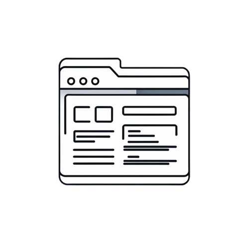 A minimalist black and white line icon depicting a web browser window or webpage layout, centered on a solid white background.