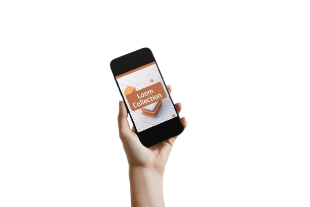 A hand holding a black smartphone against a solid white background. The phone screen displays a digital graphic with the text 'Loom Collection' in white on an orange banner.