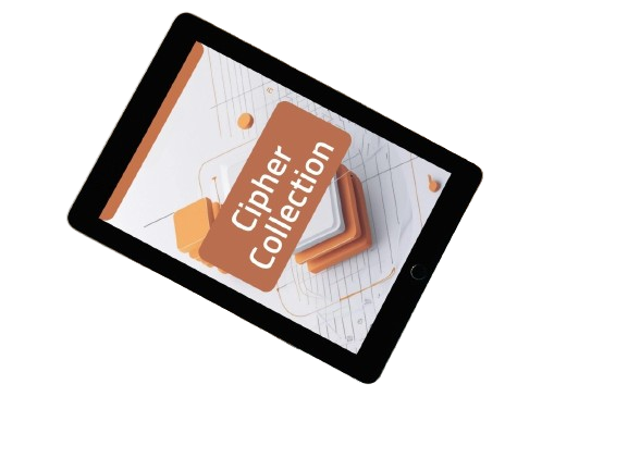 A black tablet device shown at an angle on a white background, displaying a digital cover titled 'Cipher Collection' with orange and white geometric graphics.