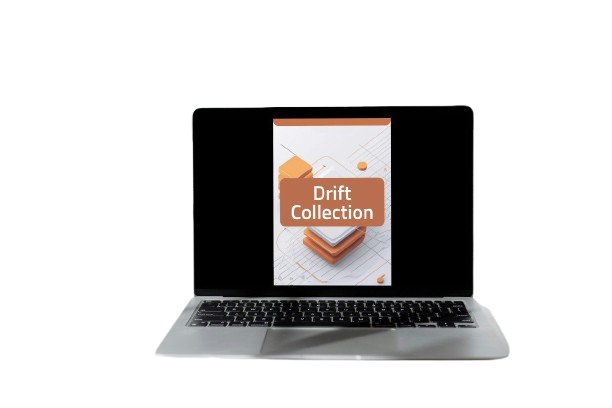 A silver laptop with a black screen displaying a digital cover titled 'Drift Collection' on a plain white background.